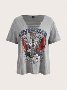 SHEIN ICON Eagle & Letter Graphic Ladder Cut Out Drop Shoulder Tee - Light Grey - View 1
