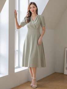 DAZY Đầm Xù Trọn gói màu trơn Thanh lịch - màu xanh lá - Xem 1