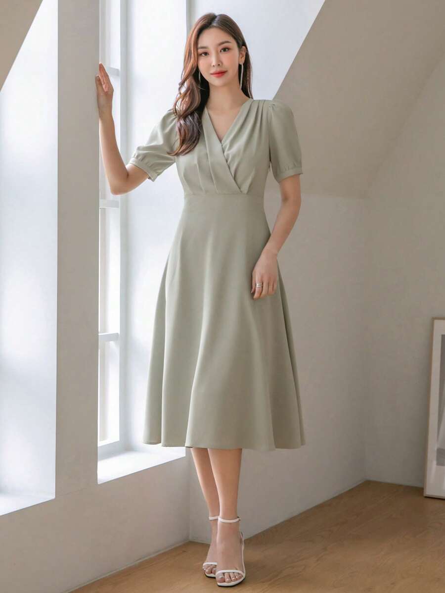 DAZY Đầm Xù Trọn gói màu trơn Thanh lịch - màu xanh lá - Xem 1