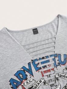 SHEIN ICON Eagle & Letter Graphic Ladder Cut Out Drop Shoulder Tee - Light Grey - View 4