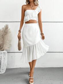 SHEIN VCAY 單肩荷葉邊上衣和荷葉邊半身裙 - 白色 - 查看 3