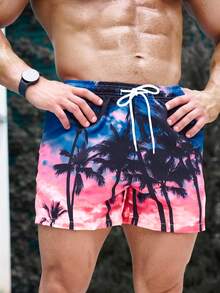 Manfinity Hombres Shorts de natación con estampado de árbol de coco de cintura con cordón - Multicolor - Ver 5