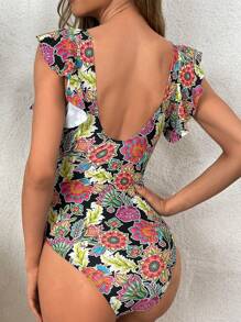 SHEIN Swim Phụ nữ một mảnh Cắt ra Xù Hoa Tất cả trên in Boho - Nhiều màu - Xem 2