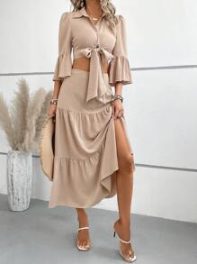 Breezaya Solid Knot Front Crop Blouse & Ruffle Hem Skirt - Apricot - View 2