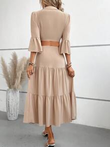Breezaya Solid Knot Front Crop Blouse & Ruffle Hem Skirt - Apricot - View 3