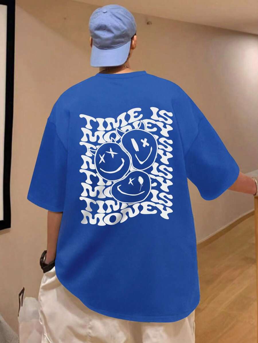 Manfinity Roghcode Camiseta Holgada De Hombre Con Dibujos Animados Y Eslóganes Gráficos Con Hombros Caídos - Azul - Ver 1