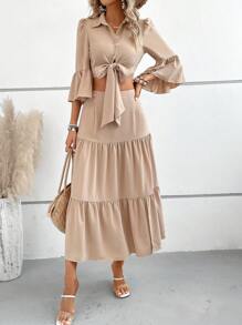 Breezaya Solid Knot Front Crop Blouse & Ruffle Hem Skirt - Apricot - View 4