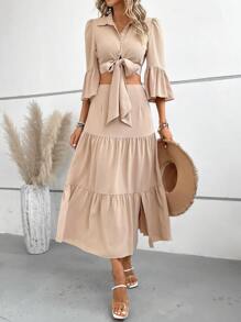 Breezaya Solid Knot Front Crop Blouse & Ruffle Hem Skirt - Apricot - View 1