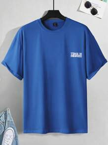 Manfinity Roghcode Camiseta Holgada De Hombre Con Dibujos Animados Y Eslóganes Gráficos Con Hombros Caídos - Azul - Ver 3