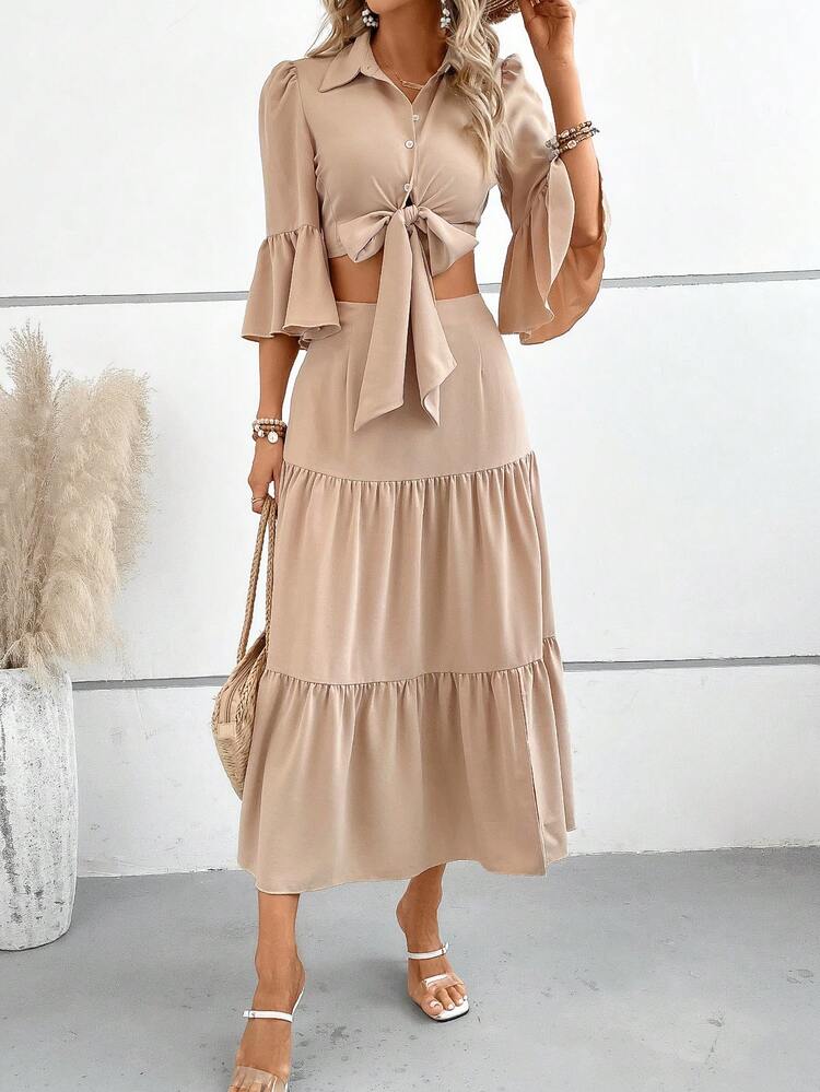 Breezaya Solid Knot Front Crop Blouse & Ruffle Hem Skirt - Apricot - View 5