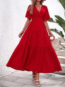 SHEIN VCAY Đầm Viên lá sen Trọn gói Dải chun màu trơn Giải trí - Đỏ - Xem 1