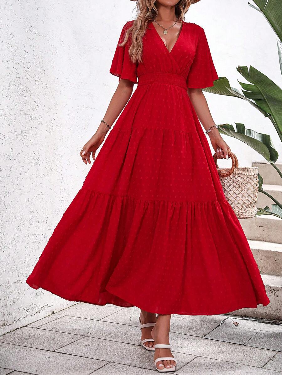 SHEIN VCAY Đầm Viên lá sen Trọn gói Dải chun màu trơn Giải trí - Đỏ - Xem 1