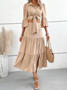 Breezaya Solid Knot Front Crop Blouse & Ruffle Hem Skirt - Apricot - View 6