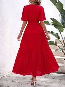 SHEIN VCAY Đầm Viên lá sen Trọn gói Dải chun màu trơn Giải trí - Đỏ - Xem 2