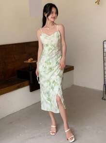 DAZY 紮染高衩吊帶洋裝 - 綠色 - 查看 3