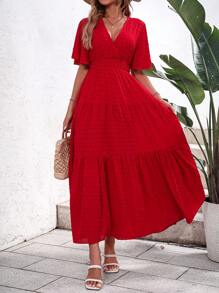 SHEIN VCAY Đầm Viên lá sen Trọn gói Dải chun màu trơn Giải trí - Đỏ - Xem 4