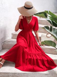 SHEIN VCAY Đầm Viên lá sen Trọn gói Dải chun màu trơn Giải trí - Đỏ - Xem 5