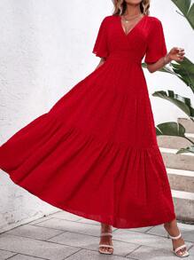 SHEIN VCAY Đầm Viên lá sen Trọn gói Dải chun màu trơn Giải trí - Đỏ - Xem 6