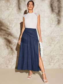 SHEIN VCAY 素色高衩半身裙 - 藏蓝色 - 查看 5