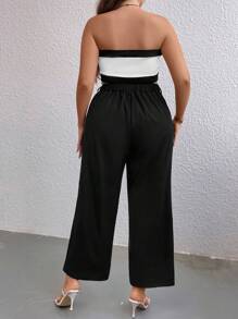 SHEIN Privé 大碼雙色抹胸上衣和闊腿褲不附腰帶 - 黑與白 - 查看 2