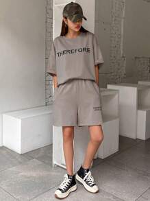 DAZY Bộ áo thun và quần short tay rớt in chữ, đồ mặc nhà mùa hè cho nữ. - Màu Xám nhạt - Xem 5