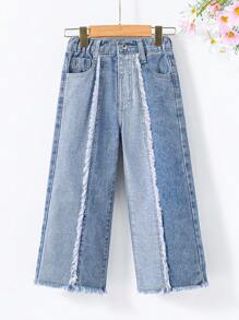 Kleine Mädchen Kontrast Y2K Straßen-urbande elastische Taille Jeans mit flachen Taschen und weiten Beinen. Tägliche OOTD Outfits für Mädchen.