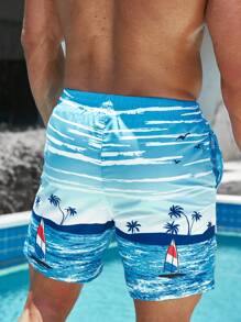 Surfspeed 男士船印花腰部抽繩泳褲 - 藍白色 - 查看 2