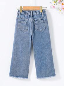 Kleine Mädchen Kontrast Y2K Straßen-urbande elastische Taille Jeans mit flachen Taschen und weiten Beinen. Tägliche OOTD Outfits für Mädchen.