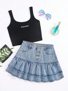 青少年女孩1入組前紐扣荷葉邊牛仔半身裙 - 淺色水洗藍 - 查看 1