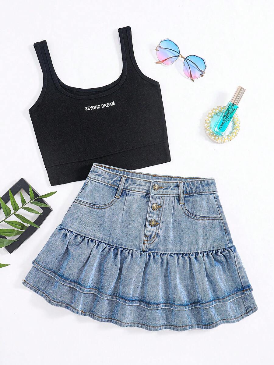 青少年女孩1入組前紐扣荷葉邊牛仔半身裙 - 淺色水洗藍 - 查看 1