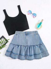 青少年女孩1入組前紐扣荷葉邊牛仔半身裙 - 淺色水洗藍 - 查看 2