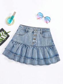 青少年女孩1入組前紐扣荷葉邊牛仔半身裙 - 淺色水洗藍 - 查看 3
