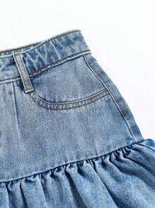 青少年女孩1入組前紐扣荷葉邊牛仔半身裙 - 淺色水洗藍 - 查看 5