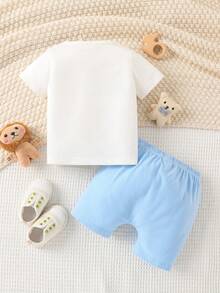 男嬰卡通圖案T恤和短褲 - 藍白色 - 查看 2