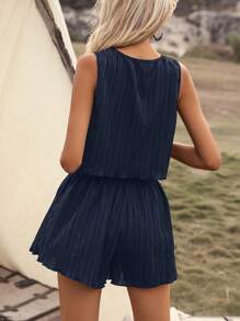 SHEIN LUNE Solid Tank Top & Shorts - Navy Blue - View 2