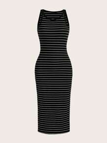 SHEIN EZwear 大碼條紋印花背心連衣裙 - 黑色 - 查看 1