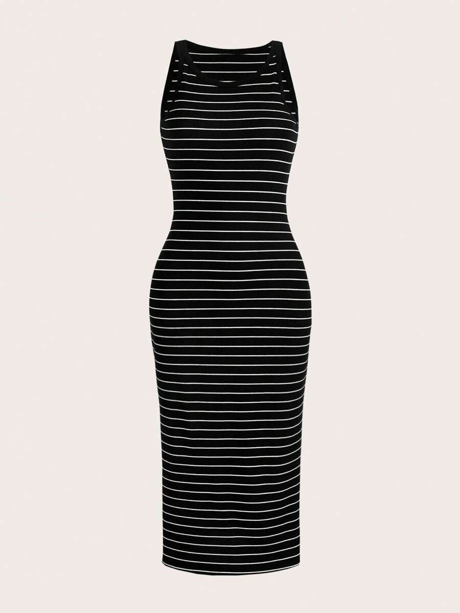 SHEIN EZwear 大碼條紋印花背心連衣裙 - 黑色 - 查看 1