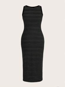 SHEIN EZwear 大碼條紋印花背心連衣裙 - 黑色 - 查看 2