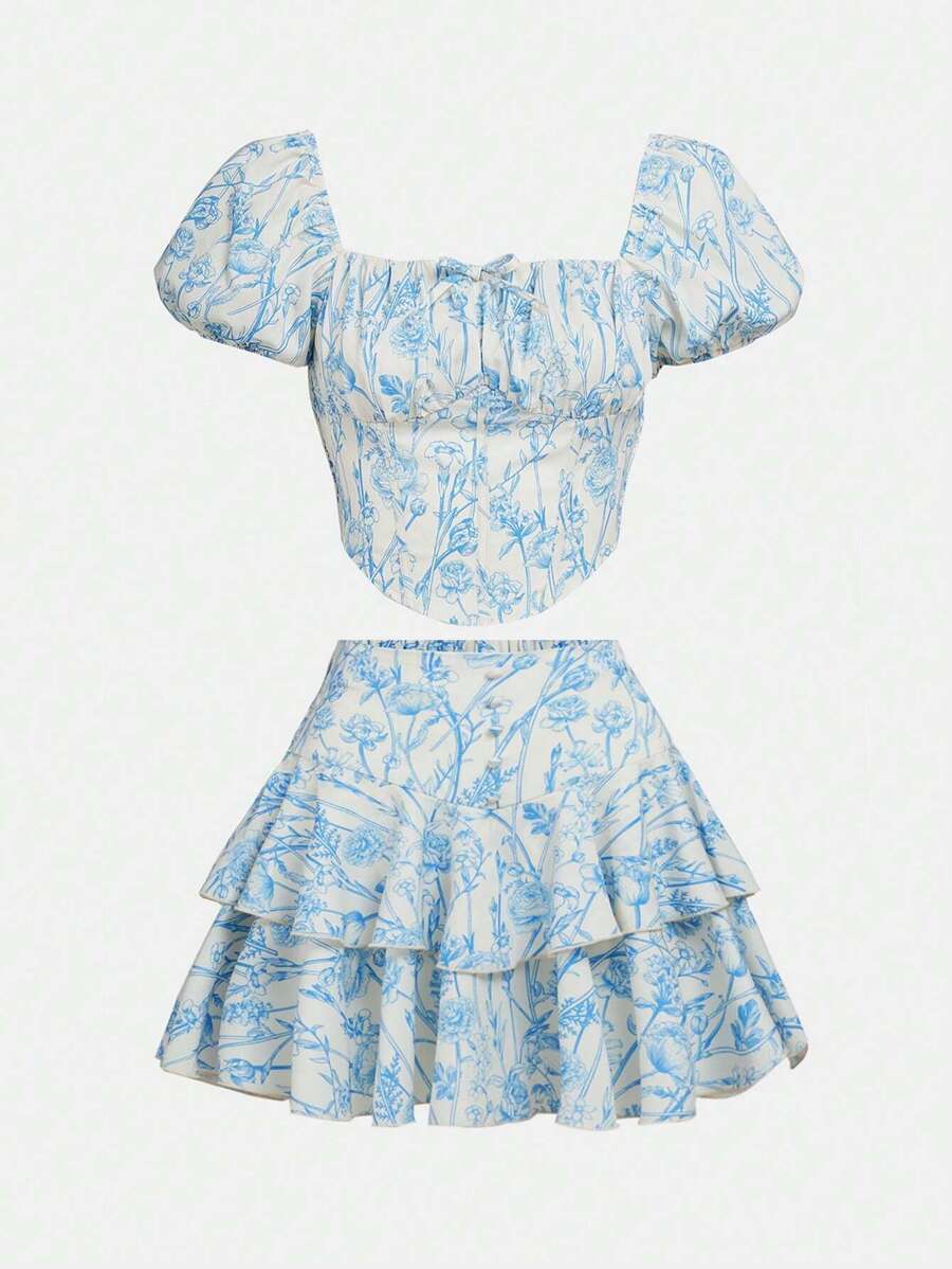 SHEIN Teen Girls Flora Print Puff Sleeve Bandana Hem Top & Layer Hem Skirt - Blue and White - View 1
