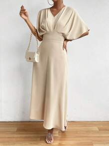 Rafferiza 素色蝙蝠袖A字連衣裙 - 杏色 - 查看 3