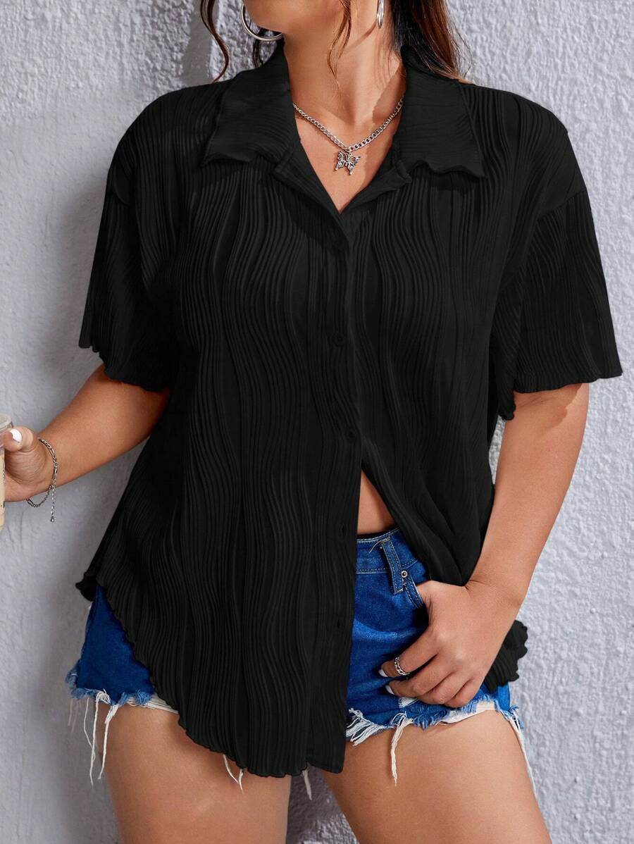 SHEIN EZwear Plus Solid Button Front Shirt - Black - View 1