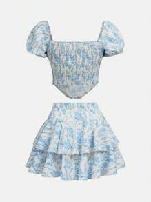 SHEIN Teen Girls Flora Print Puff Sleeve Bandana Hem Top & Layer Hem Skirt - Blue and White - View 2
