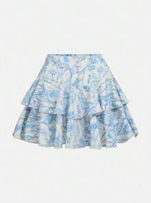 SHEIN Teen Girls Flora Print Puff Sleeve Bandana Hem Top & Layer Hem Skirt - Blue and White - View 3