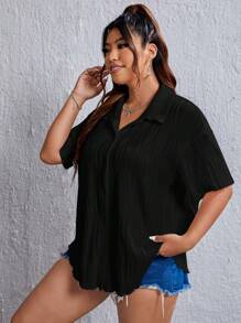 SHEIN EZwear Plus Solid Button Front Shirt - Black - View 3
