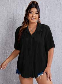 SHEIN EZwear Plus Solid Button Front Shirt - Black - View 4