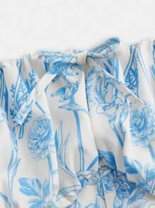 SHEIN Teen Girls Flora Print Puff Sleeve Bandana Hem Top & Layer Hem Skirt - Blue and White - View 4