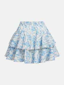 SHEIN Teen Girls Flora Print Puff Sleeve Bandana Hem Top & Layer Hem Skirt - Blue and White - View 6