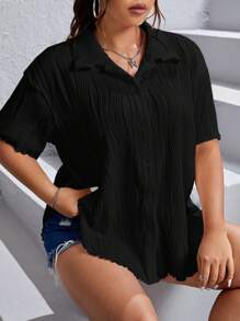 SHEIN EZwear Plus Solid Button Front Shirt - Black - View 6