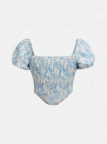 SHEIN Teen Girls Flora Print Puff Sleeve Bandana Hem Top & Layer Hem Skirt - Blue and White - View 7