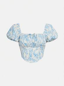SHEIN Teen Girls Flora Print Puff Sleeve Bandana Hem Top & Layer Hem Skirt - Blue and White - View 8